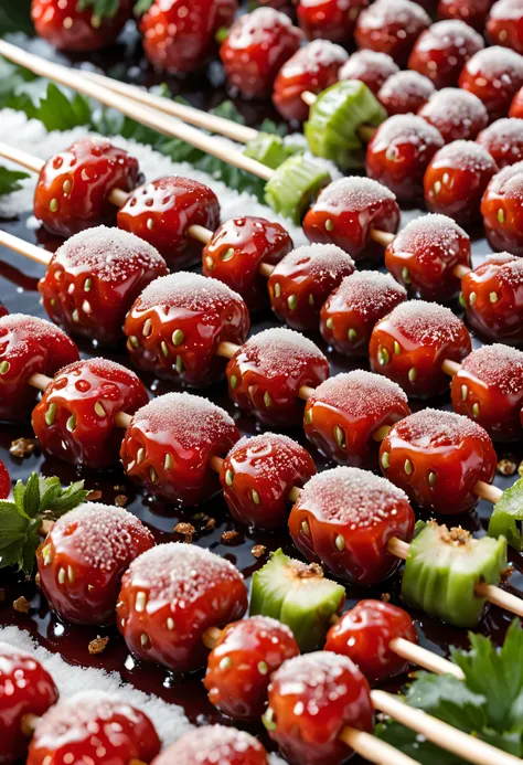 (close-up of many candied haws skewers sold at the temple fair，round red dates and fresh green strawberries，with syrup and sesam...