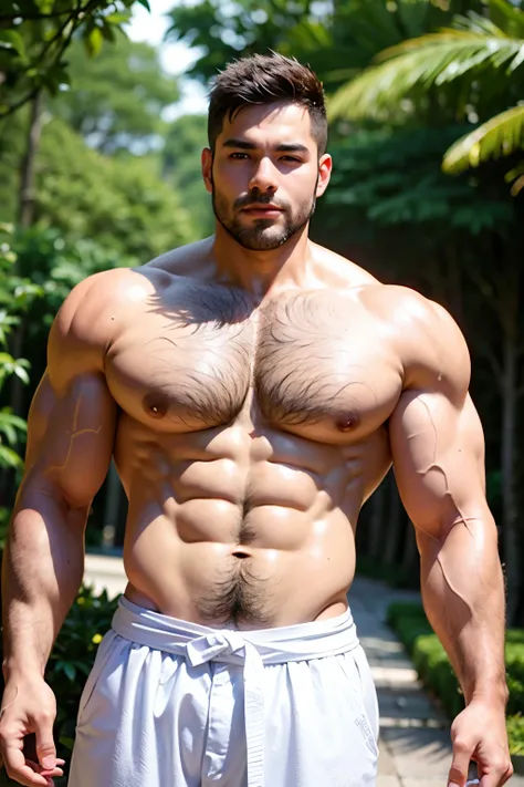 Middle-aged man in white wedding dress，30-year-old man，enjoying，super high image quality，the detail，musculous, Muscular body,Asia face，attractive beefy man, , musculous, sport, big muscular man, partially male hairy torso, Wet pubic hair，perspire，Drenched，...