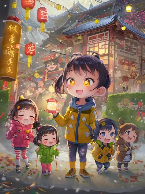 Kids Book, (Tim Burton style)，(Illustration captures the essence of Chinese New Year)，(Modern town:1.2), (Lanterns and festoons)，Its snowing，In the joyful atmosphere of the Spring Festival，(5 children in down jackets set off firecrackers and fireworks:1.5)...