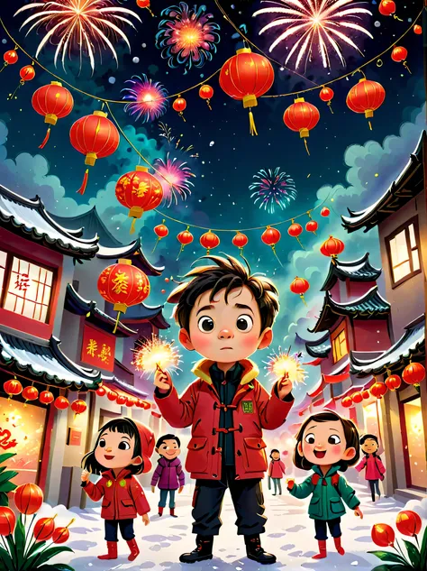 児童書, (tim burton style)，(illustrations capture the essence of chinese new year)，(modern town:1.2), (lanterns and festoons)，it's ...