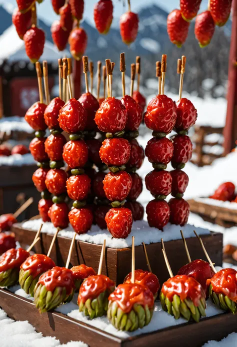 (close-up of many candied haws skewers sold at the temple fair placed in wooden turtles），round red dates and fresh green strawbe...