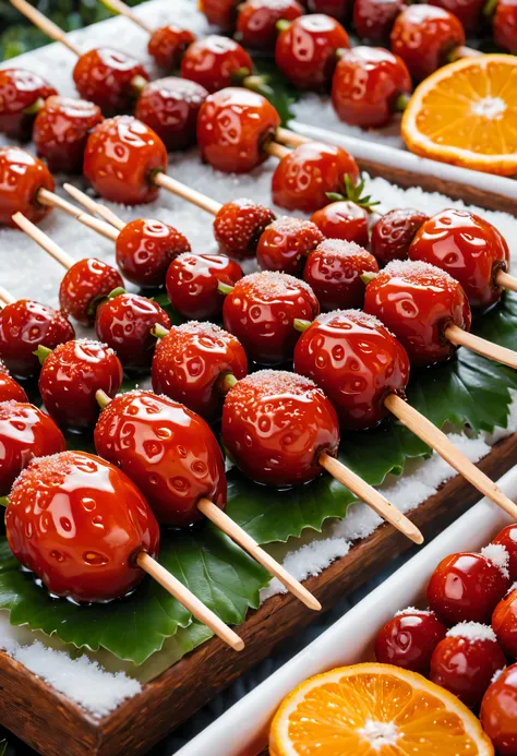 (close-up of many candied haws skewers sold at the temple fair placed in wooden turtles），round red dates and fresh green strawbe...