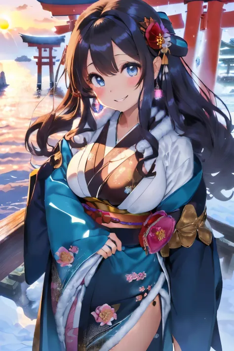 (Dark hair),(Curly hair with a lot of fluff:1.4),(Long, curly hair:1.3),(With bangs),(Blue eyes:1.25),Slight red tide,(Beautiful breasts spilling out of clothes:1.3),(Her eyes are sparkling:1.2),(Eye size:1.7),(gloves:1.5),(Kimono with cute design:1.4),(sh...