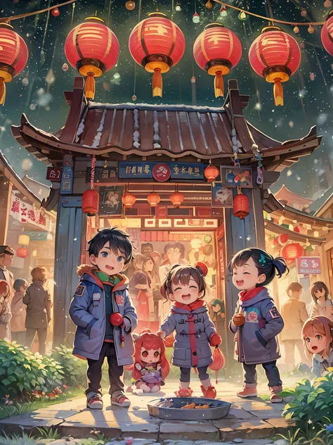 Kids Book, (Tim Burton style)，(Illustration captures the essence of Chinese New Year)，(Modern town:1.2), (Lanterns and festoons)，Its snowing，In the joyful atmosphere of the Spring Festival，(5 children in down jackets set off firecrackers and fireworks)，(Th...