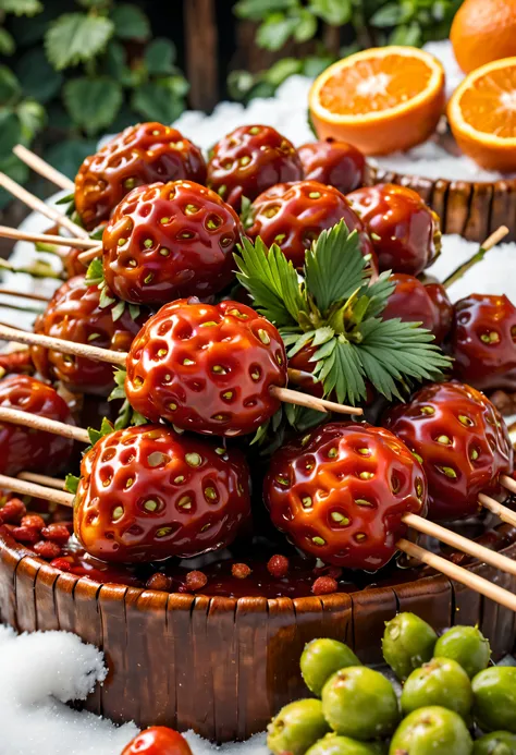 (close-up of many candied haws skewers sold at the temple fair placed in wooden turtles），round red dates and fresh green strawbe...