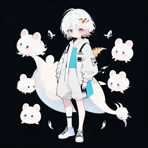 🦕🍊🐭,white  hair,male child,full body,chibi,