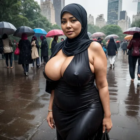 56 years Old, Indonesian Hijab Mature woman, Ultra Droopiest gigantic saggiest longest mature tits : 236.9, wearing Burqa, her Gigantic breast Burst Out, Busty body, Wet body, rainy atmosphere, heavy rain, at central park, full body, gravure Idol, Cold Sit...