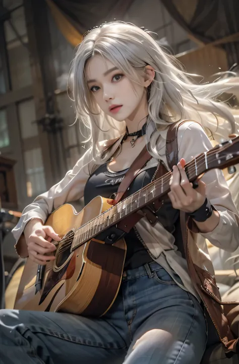 Photorealistic, High resolution, 1 Women, Solo, hips up high, look at viewr, (Detailed face), White hair, Long hair, medium breasts, Wanderers clothes, Playing guitar