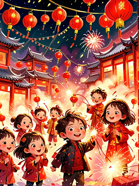 ChildrenRedmAF, 児童書, (Tim Burton style),(Illustrations capture the essence of Chinese New Year),(Lanterns and festoons),Its snowing,In the joyful atmosphere of the New Year,(5 children are setting off firecrackerire works),(天上有很多fire works),the picture was...