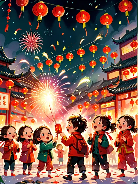 ChildrenRedmAF, 児童書, (Tim Burton style),(Illustrations capture the essence of Chinese New Year),(Lanterns and festoons),Its snowing,In the joyful atmosphere of the New Year,(5 children are setting off firecrackerire works),(天上有很多fire works),the picture was...