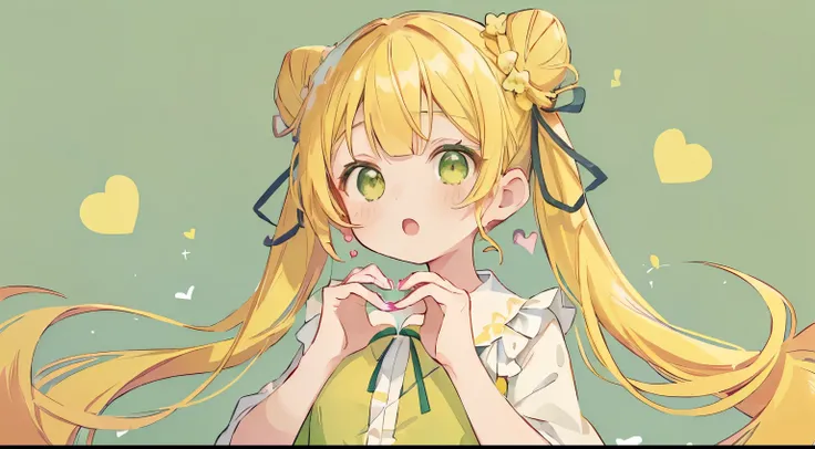 absurderes, hight resolution, (Anime style:1.1), ((masutepiece)), ((Best Quality)), (Ultra-detailed), (Beautiful),Beautiful face、(liftup),Cute little girl s、(((Twin-tailed、Bun hair、Yellow hair、Long、ロングTwin-tailed)))(((Green dress、frilld、Green ribbon)))(()D...