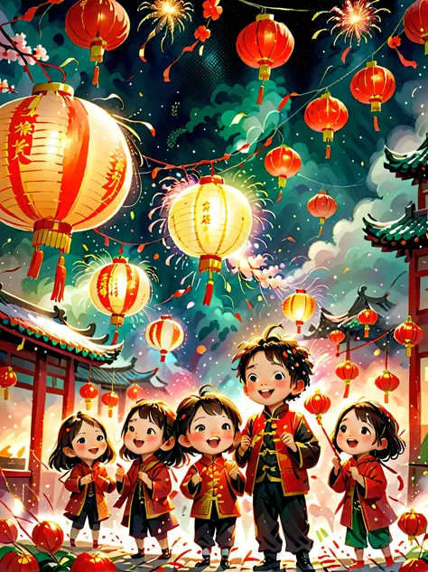 ChildrenRedmAF, 児童書, (Tim Burton style),(Illustrations capture the essence of Chinese New Year),(Lanterns and festoons),Its snowing,In the joyful atmosphere of the New Year,(5 children are setting off firecrackerire works),(天上有很多fire works),the picture was...