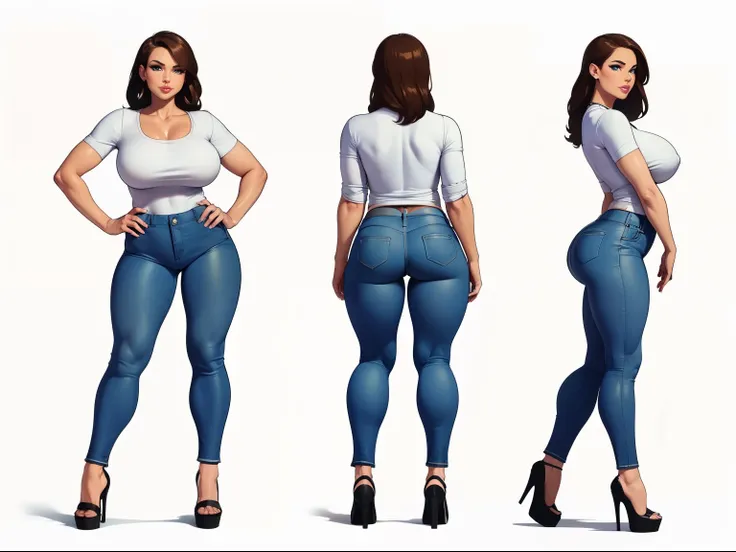 ((masterpiece)),(((best quality, detailed clear eyes, sultry heavy lidded eyes, huge eyelashes))),((character design sheet)), ((full body view)), Asian American milf with absurdly huge tits wearing (((mom jeans and low cut shirt))), jeans a shirt:1.3, skin...