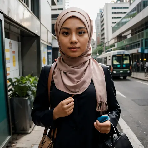 Photograph a Malay girl in hijab as she navigates the urban jungle, confidently commuting to work or school, showcasing her modern lifestyle in the heart of the city.