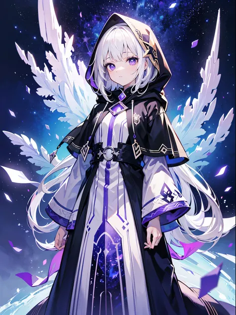 （tmasterpiece,best qualtiy,style of anime,a sense of atmosphere，cg render，4K，Standing painting，Ray traching，Wallpapers)(white hair，long whitr hair，Purple pupils，Hooded purple starry sky cloak，Cover the whole body）（Solo）（There is a starry sky pattern on the...