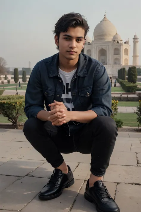 ((best quality)), ((masterpiece)), (detailed), perfect face of a indian young cute boy, who wearing denim jacket balck and black shoes or black jeans . Hair is short, black and he has a little beard. Image shoul looking realistic and a 19 years old boy. In...