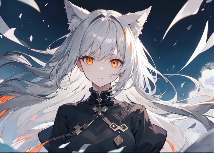 ((Best Quality)), facing front, in the middle, dressed in black, with a forlorn look on her face, with gray hair and animal ears, orange eyes, wolf girl. Behind her is black. The wind is blowing and her hair is fluttering. Night.