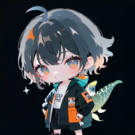 🦕🍊🐭,a dark-haired,male child,full body,chibi,frontage、