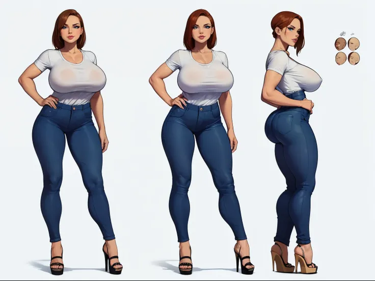 ((masterpiece)),(((best quality, detailed clear eyes, sultry heavy lidded eyes, huge eyelashes))),((character design sheet)), ((full body view)), Asian American milf with absurdly huge tits wearing (((mom jeans and low cut shirt))), jeans a shirt:1.3, skin...