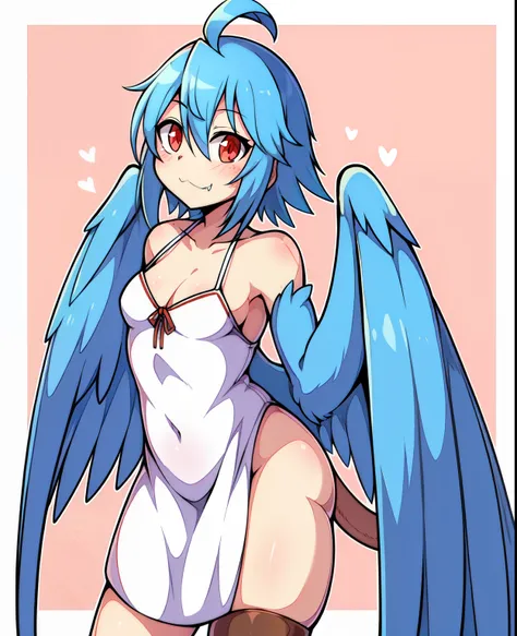 1girl, ahoge, blue_hair, blue_wings, blush_stickers, commentary_request, dress, fang, feathered_wings, feathers, flat_chest, harpy, monster_girl, monster_musume_no_iru_nichijou, olsa_(oftintys), papi_(monster_musume), red_eyes, solo, tail_feathers, talons,...