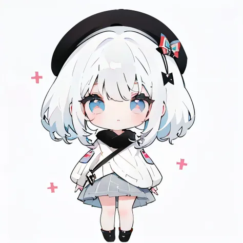 white  hair、viola、white knitwear、black beret、girl with、medium hair、full body,chibi、frontage、