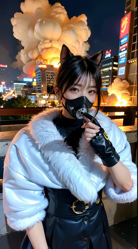 gals、Large gas mask、fur-coat、dictator、Big dragon tattoo、Tattoos all over the body、Glowing headgear、On the rooftop、Huge background is a neon sign、Leather gloves、long boots、Holding a Japan sword、Baseball armor、insurrection、Nuclear power plant in the backgrou...