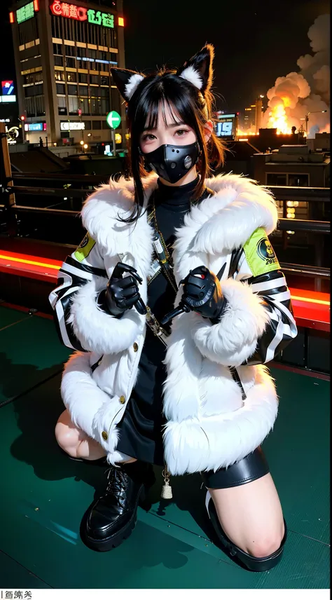 gals、Large gas mask、fur-coat、dictator、Big dragon tattoo、Tattoos all over the body、Glowing headgear、On the rooftop、Huge background is a neon sign、Leather gloves、long boots、Holding a Japan sword、Baseball armor、insurrection、Nuclear power plant in the backgrou...