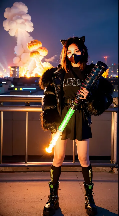 gals、Large gas mask、fur-coat、dictator、Big dragon tattoo、Tattoos all over the body、Glowing headgear、On the rooftop、Huge background is a neon sign、Leather gloves、long boots、Holding a Japan sword、Baseball armor、insurrection、Nuclear power plant in the backgrou...