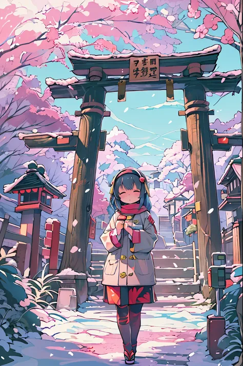 huge-breasted、kawaii、(Sunny Clothes)、torii gate、{{close up to face}}、eye closed、bbw、thick thight、big butts、Ultramammy, Winter days, Anime Background Art, japanese art style, beautiful anime scene,detailed scenery - width 672, Background art, Anime landscap...