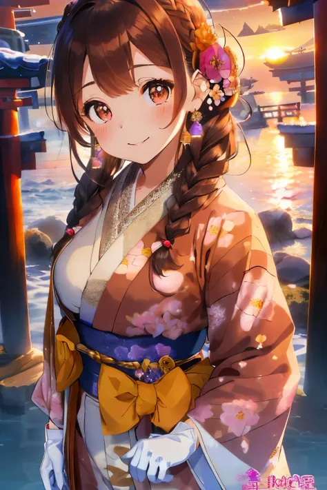 (Brown hair),(Braided shorthair),(With bangs),(Brown eyes:1.25),Slight red tide,(Her eyes are sparkling:1.2),(Eye size:1.7),(gloves:1.5),(Kimono with cute design:1.4),(shores:1.4),(🌊),(first sunrise from the horizon:1.5),(Torii in the sea:1.4),(place々Japan...