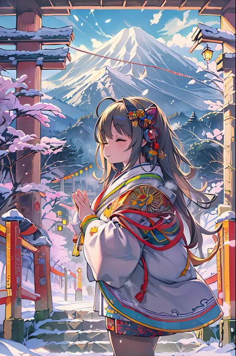 huge-breasted、kawaii、(Sunny Clothes)、torii gate、{{close up to face}}、eye closed、bbw、thick thight、big butts、Ultramammy, Winter days, Anime Background Art, japanese art style, beautiful anime scene,detailed scenery - width 672, Background art, Anime landscap...