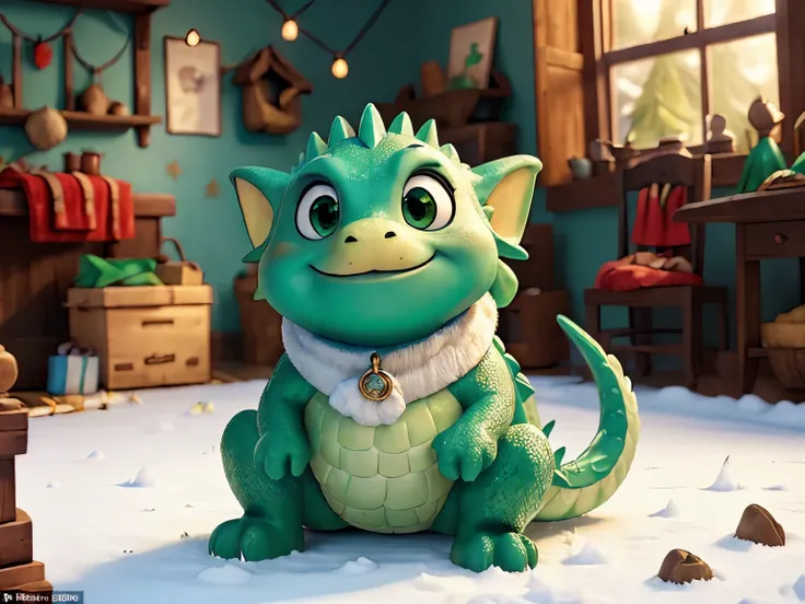 (masterpiece, detailed:1.4), funny fat green dragon sitting in snow, happy dragon, gift boxes, snow, winter forest on background, Christmas, Christmas vibes