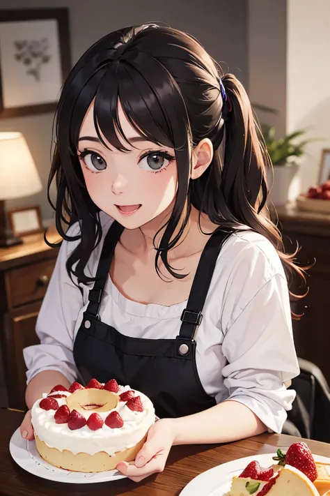 a girl  a fruit cake,illustration,delicate hands,whisking the batter,pouring fruit into the mixture,joyful expression,vibrant colors,soft lighting,finely detailed fruits,beautifully decorated cake,best quality,ultra-detailed,realistic,photorealistic,studio...