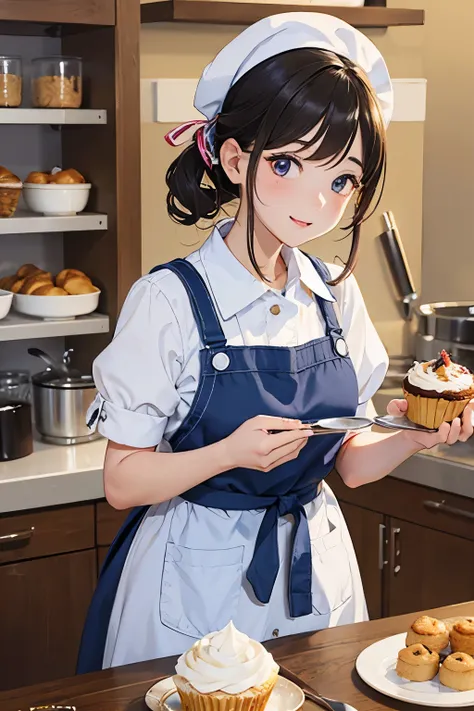 (a girl  desser quality,ultra-detailed),illustration,delicious treats,rolling pin,kneading the dough,sprinkling flour,mixing ingredients,apron,cute chefs hat,pastry chef,focus on hands,fruits and chocolate,meticulously decorated cupcakes,whipped cream,tast...