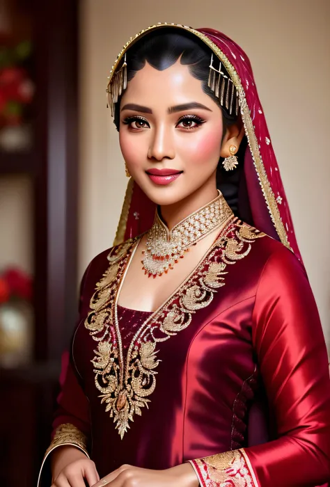 hijab, photography,  full body of java wedding woman in red long kebaya dress traditional and batik skirt, looking at viewer, jewelry and hair on hair,,  long shot , smile,   beautiful face,  (extremely detailed photo), full body shot photo, high-quality p...