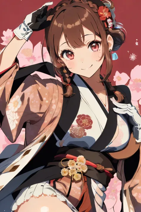 (Brown hair),(Braided shorthair),(With bangs),(Brown eyes:1.25),Slight red tide,(Her eyes are sparkling:1.2),(Eye size:1.7),(gloves:1.5),(Kimono with cute design:1.4),(active movement:1.4),(place々Japanese clothes with lace:1.3),(Brown short boots),(Happy s...