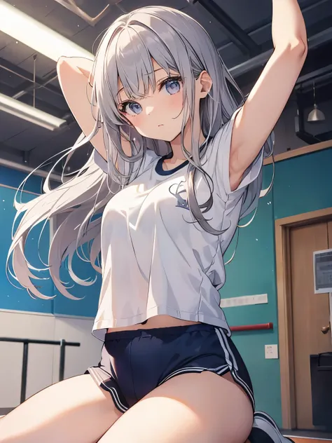 {{School gym clothes, Round Neck Shirt、Bloomers}}, 1girl in, Silver-haired high school girl doing gymnastics、Rich breasts and beautiful breasts、Semi-long hair、