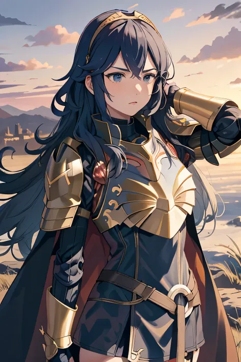 masterpiece, best quality,  brvLucy, tiara, cape, full armor, breastplate, gauntlets, armored legwear, red sky, clouds, furrowed brow,castle, medieval architecture, outdoors