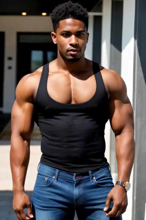 2 attractive black man, red eyes, short black hair, well defined muscles, shirtless, wearing tight jeans, 8K, Highres, looking at viewer