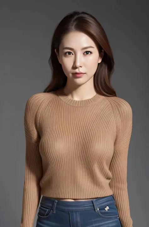 hight resolution, high-level image quality, high detailing, ​masterpiece, Textured skin, tre anatomically correct, sharp, greybackground((japanes, 25-years old)), 独奏, large breasts with good shape, Straight light brown hair that reaches to the shoulders, c...