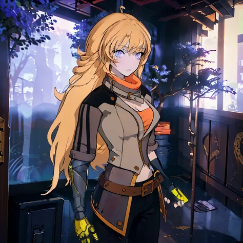 yang xiaolong, yang xiaolong, long hair, blonde hair, (purple eyes:1.1), ahoge, bangs,breaking cleavage, jacket, belt bag, mecha...