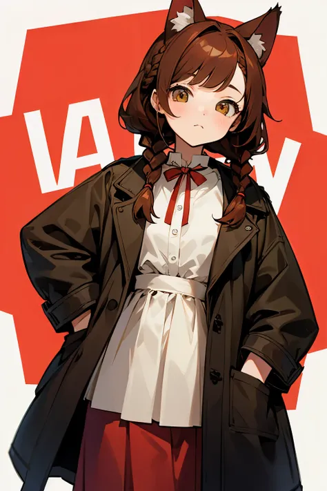 teens girl、Hairstyle is braided、Brown hair、cat ear、long red skirt、Wearing a coat