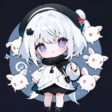 white  hair、viola、white knitwear、black beret、girl with、medium hair、full body,chibi、frontage、💜👻🦀、