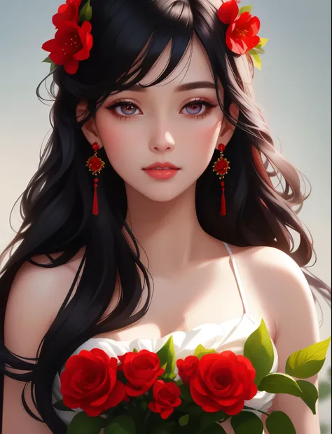 frinkles on the face, beutiful skin, black hair, red dress with white flowers, decollete dress, black eyes, golden earings, high high quality，beautiful details girl，ssmile，Highly detailed eyes and face，beatiful detailed eyes，A high resolution，A high resolu...