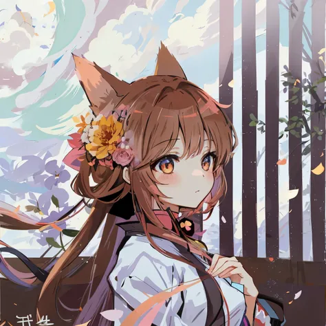 animemanga girl with long hair and a flower in her hair, holograph is a wolf girl, animemanga girl with cat ears, Beuatiful anime catgirl, Anime style 4k, holograph if a wolf girl, (animemanga girl), anime art style, Zero art, Beuatiful anime, very Beuatif...