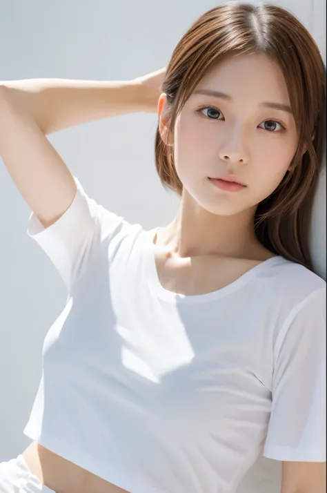 Young japanese lady, 30s, White background, It features a simple背景, white-brown hair, slender, 4K, in 8K, High quality, Beauty, Beautiful eyes, It features a simple, High resolution,1 person,Beautiful skins,Beautiful skin,Wearing a white T-shirt