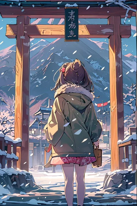 huge-breasted、kawaii、(Sunny Clothes)、torii gate、{{close up to face}}、eye closed、bbw、thick thight、big butts、Ultramammy, Winter days, Anime Background Art, japanese art style, beautiful anime scene,detailed scenery - width 672, Background art, Anime landscap...