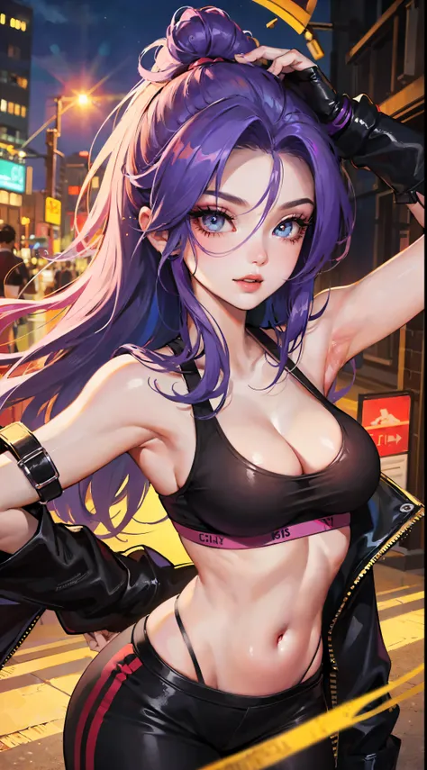 Jinx, Fleshy thighs, Instagram pose，Sports bra, Nipples, C cup, Happy expression, (entire body image:1.5), (8K, Best quality, A high resolution:1.35), (RAW photo:1.2), (Photorealsitic:1.37), (Masterpiece: 1.25), perspired: 0.2, Dramatic lighting, photon ma...