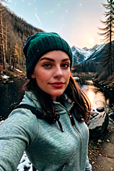 1 woman ((upper body selfie, happy)), masterpiece, best quality, ultra-detailed, earth, outdoor, (night), nature, (stars, moon) cheerful, happy, backpack, sleep bag, camping stove, water bottle, mountain boots, gloves, sweater, hat, lantern, forest, stones...