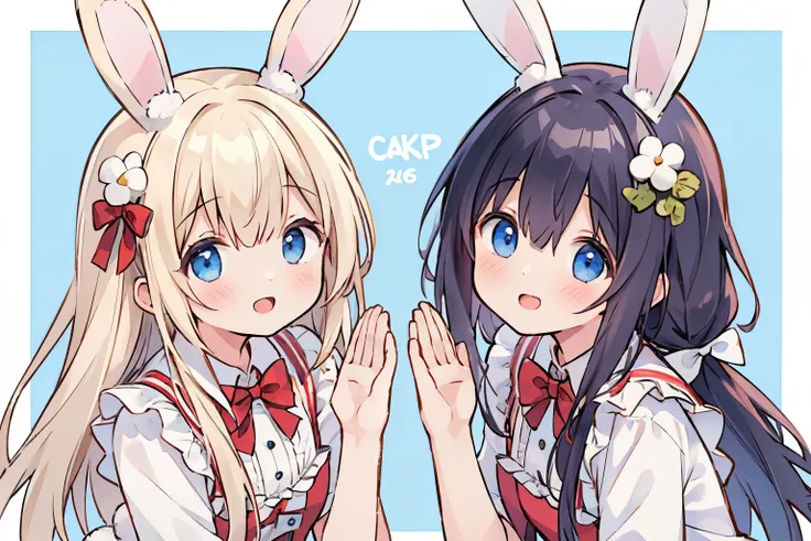 (masterpiece), (best quality), high resolution, ultra detail, photorealistic, 8K, 2 girls, Rabbit costume, Cracking up, high five